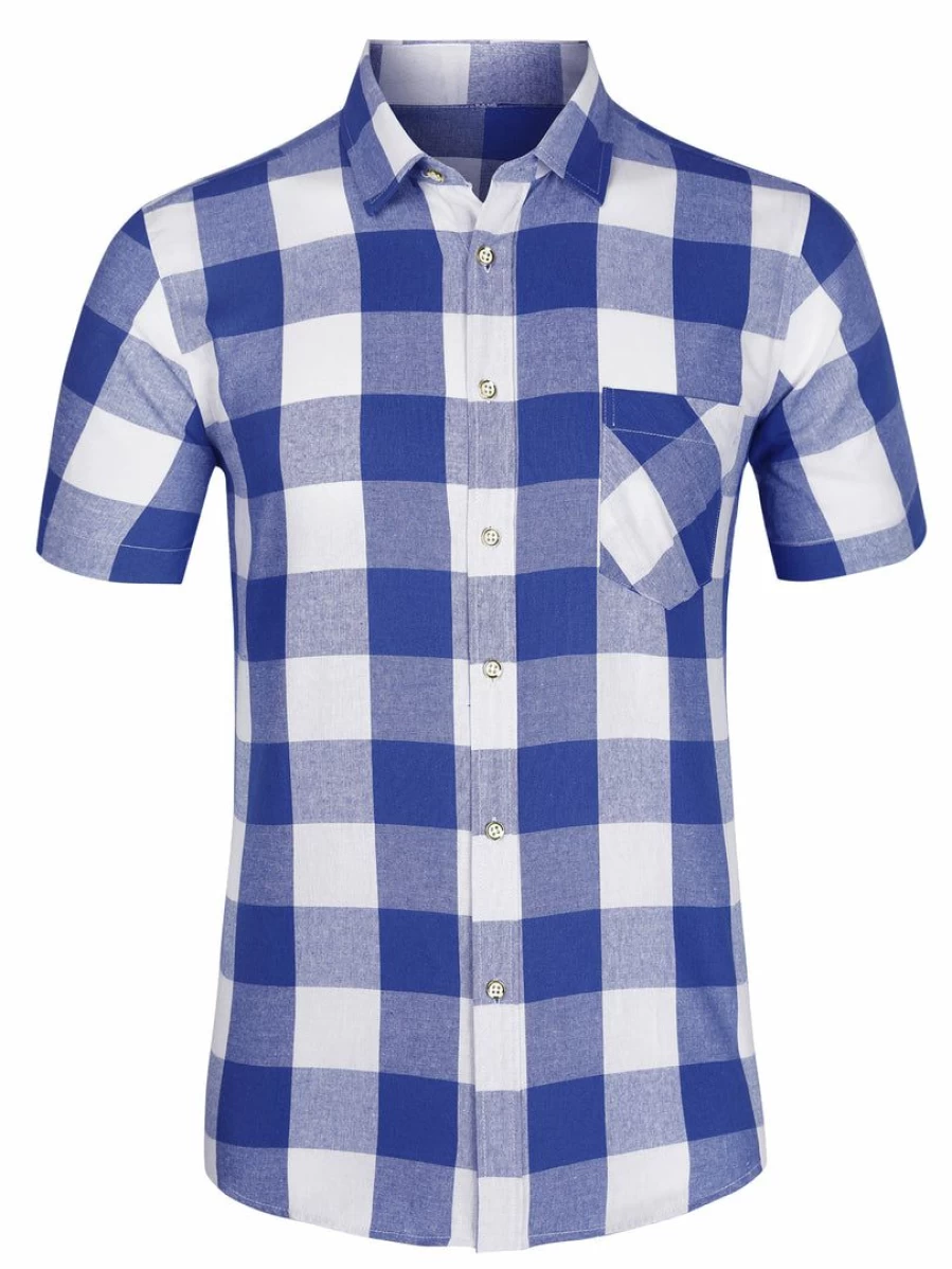 Men's Casual Short Sleeve Plaid Shirt Regular Fit Button Down Point Collar Dress Shirt