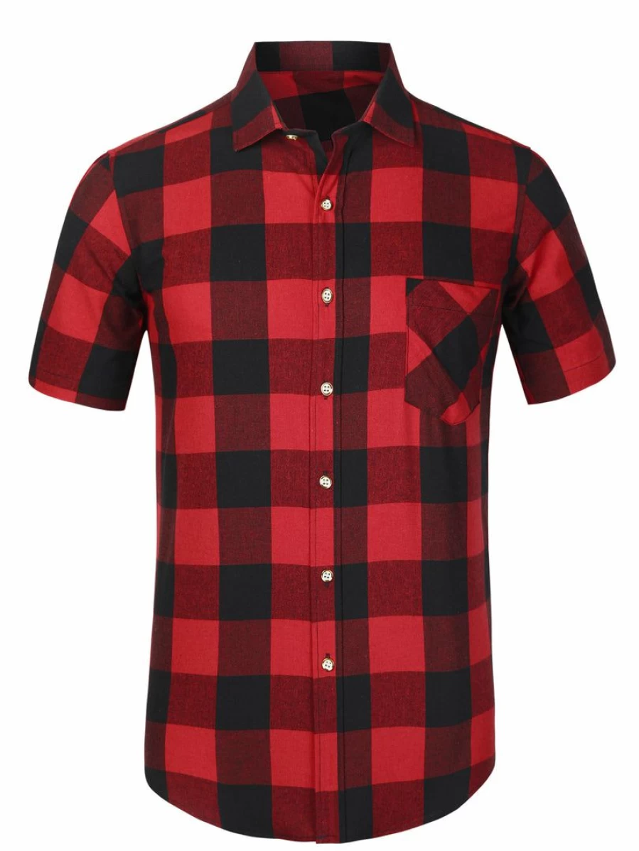Men's Casual Short Sleeve Plaid Shirt Regular Fit Button Down Point Collar Dress Shirt