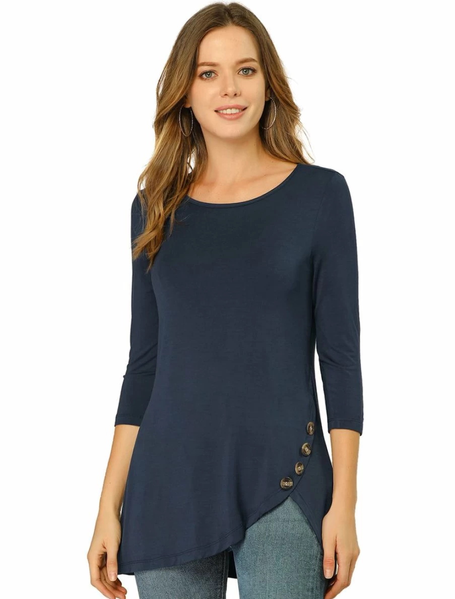 Women's Stretchy 3/4 Sleeve Asymmetric Hem Casual Tunic Top
