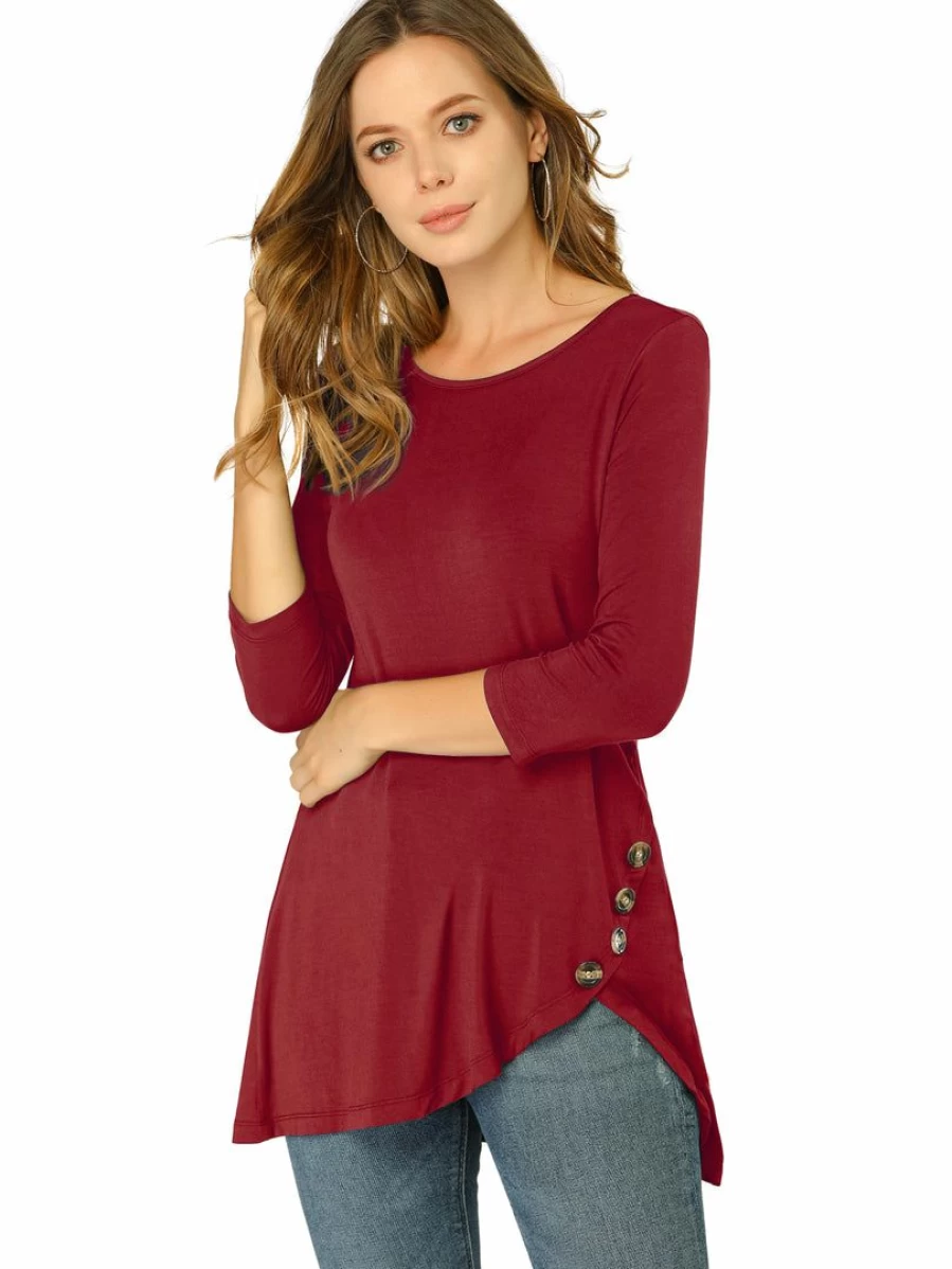 Women's Stretchy 3/4 Sleeve Asymmetric Hem Casual Tunic Top