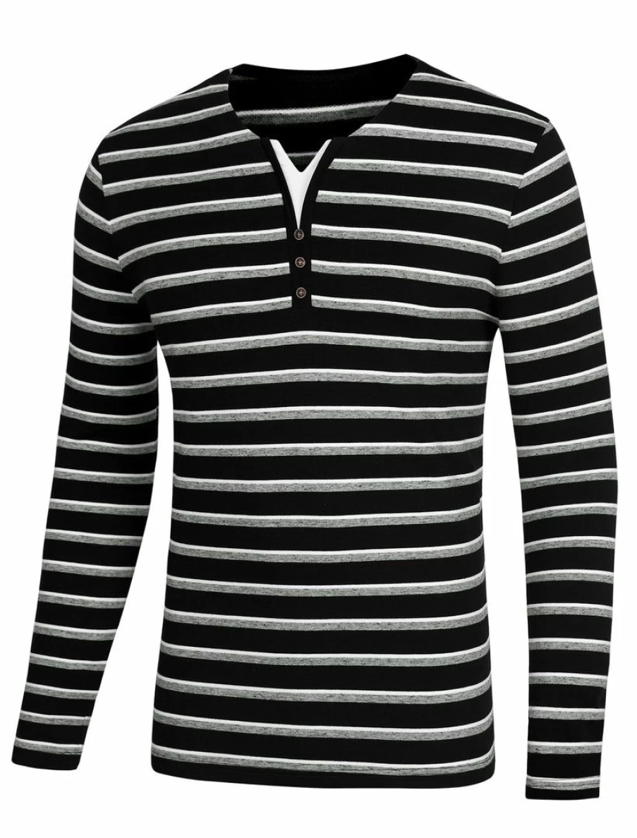 Allegra K Men's White Striped V-Neck Long Sleeve T-Shirt Casual Comfortable Tee