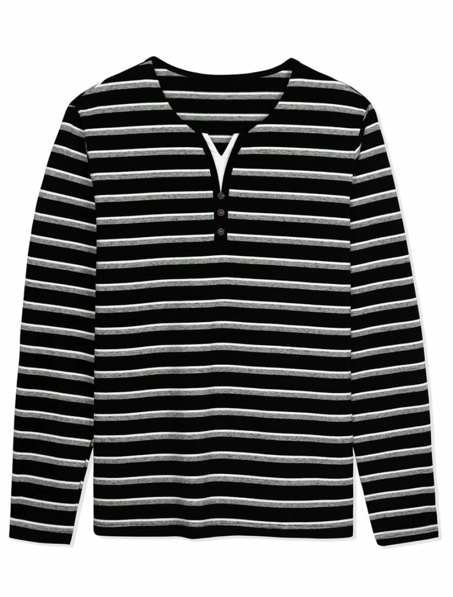 Allegra K Men's White Striped V-Neck Long Sleeve T-Shirt Casual Comfortable Tee