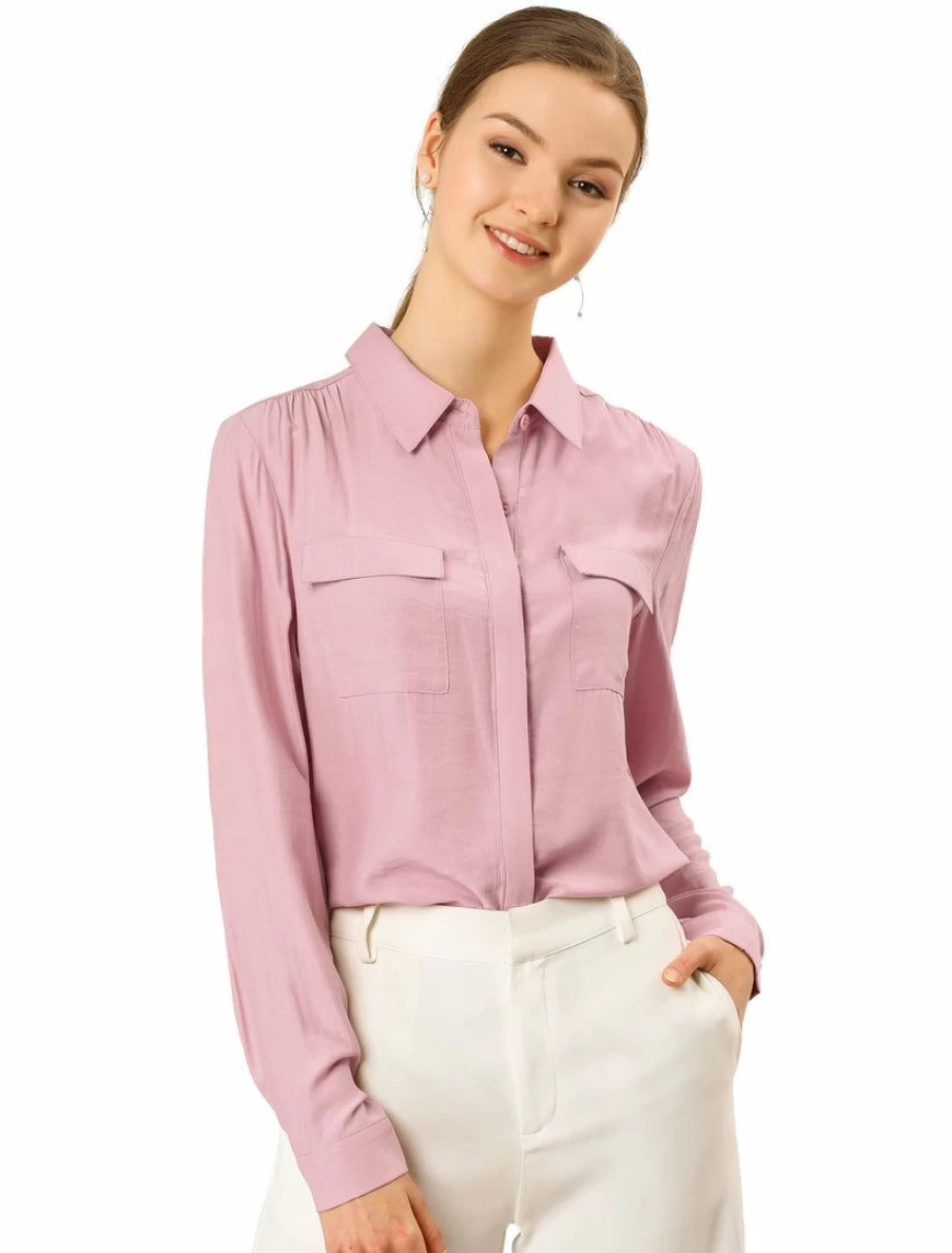 Pink Long Sleeve Button-Up Collared Shirt for Women - Office & Casual Wear