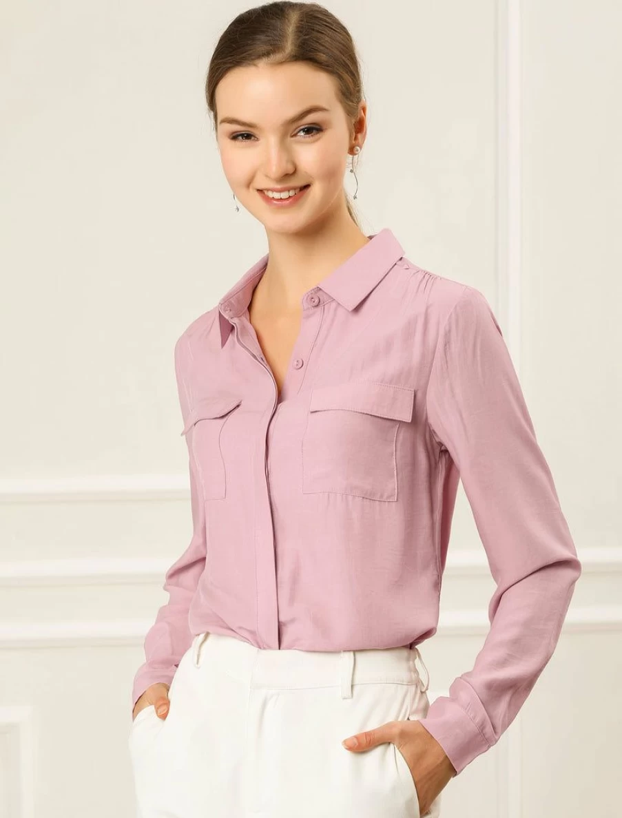 Pink Long Sleeve Button-Up Collared Shirt for Women - Office & Casual Wear