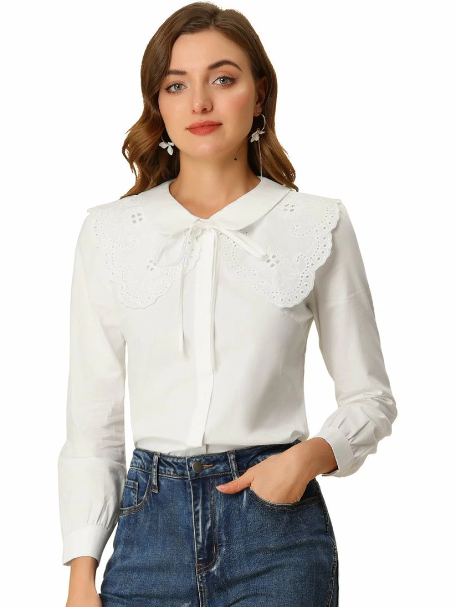 White Lace Floral Doll Collar Puff Long Sleeve Blouse for Women - Elegant Detachable Top