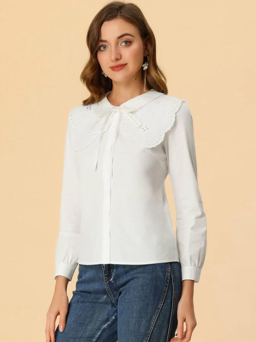 White Lace Floral Doll Collar Puff Long Sleeve Blouse for Women - Elegant Detachable Top