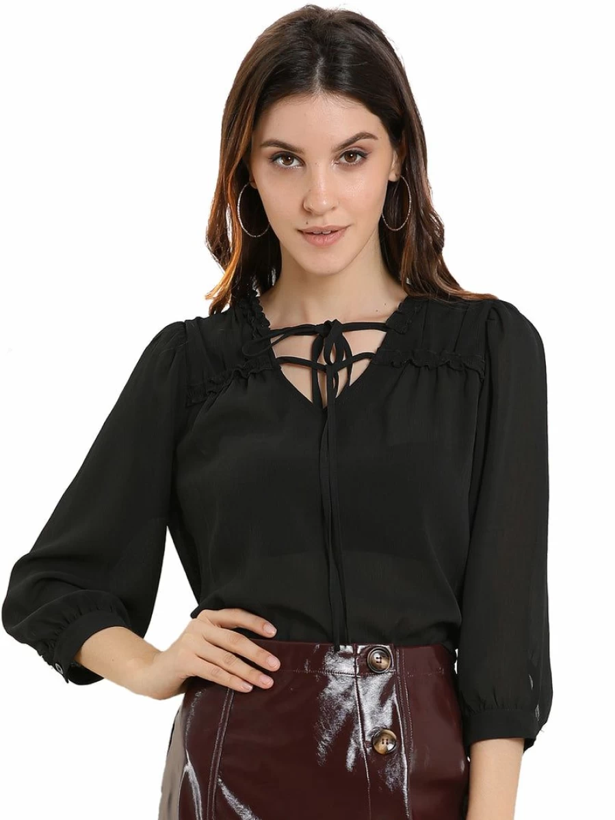 Allegra K Women's Black Semi-Sheer Tie Neck 3/4 Sleeve Ruffle Yoke Casual Summer Blouse Top