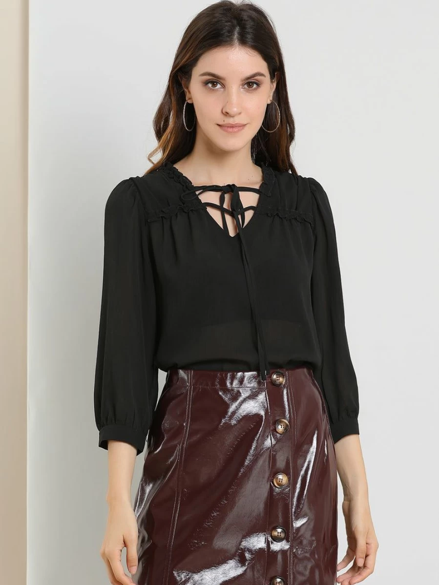 Allegra K Women's Black Semi-Sheer Tie Neck 3/4 Sleeve Ruffle Yoke Casual Summer Blouse Top