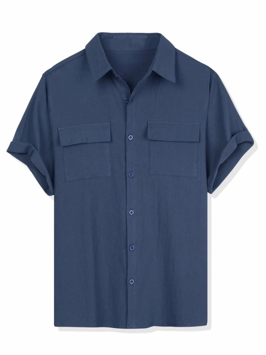 Men's Summer Short Sleeve Solid Color Button Down Shirt with Pockets Casual Comfortable Lightweight Breathable