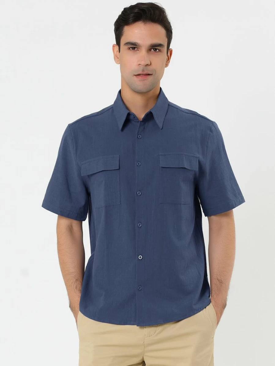 Men's Summer Short Sleeve Solid Color Button Down Shirt with Pockets Casual Comfortable Lightweight Breathable