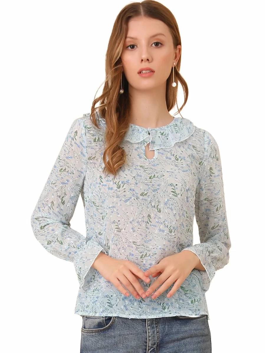 White Floral Print Ruffle Collar Keyhole Front Long Sleeve Chiffon Top for Women