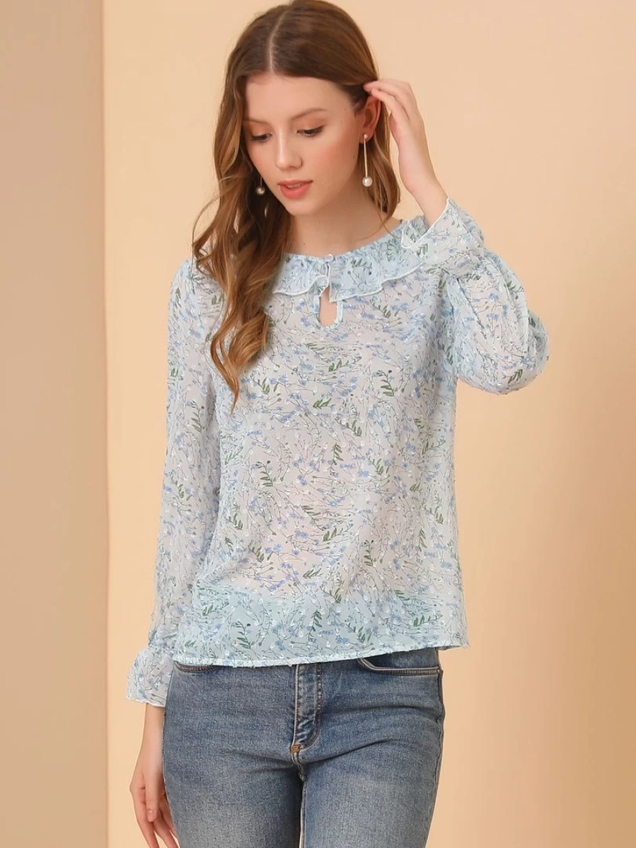 White Floral Print Ruffle Collar Keyhole Front Long Sleeve Chiffon Top for Women