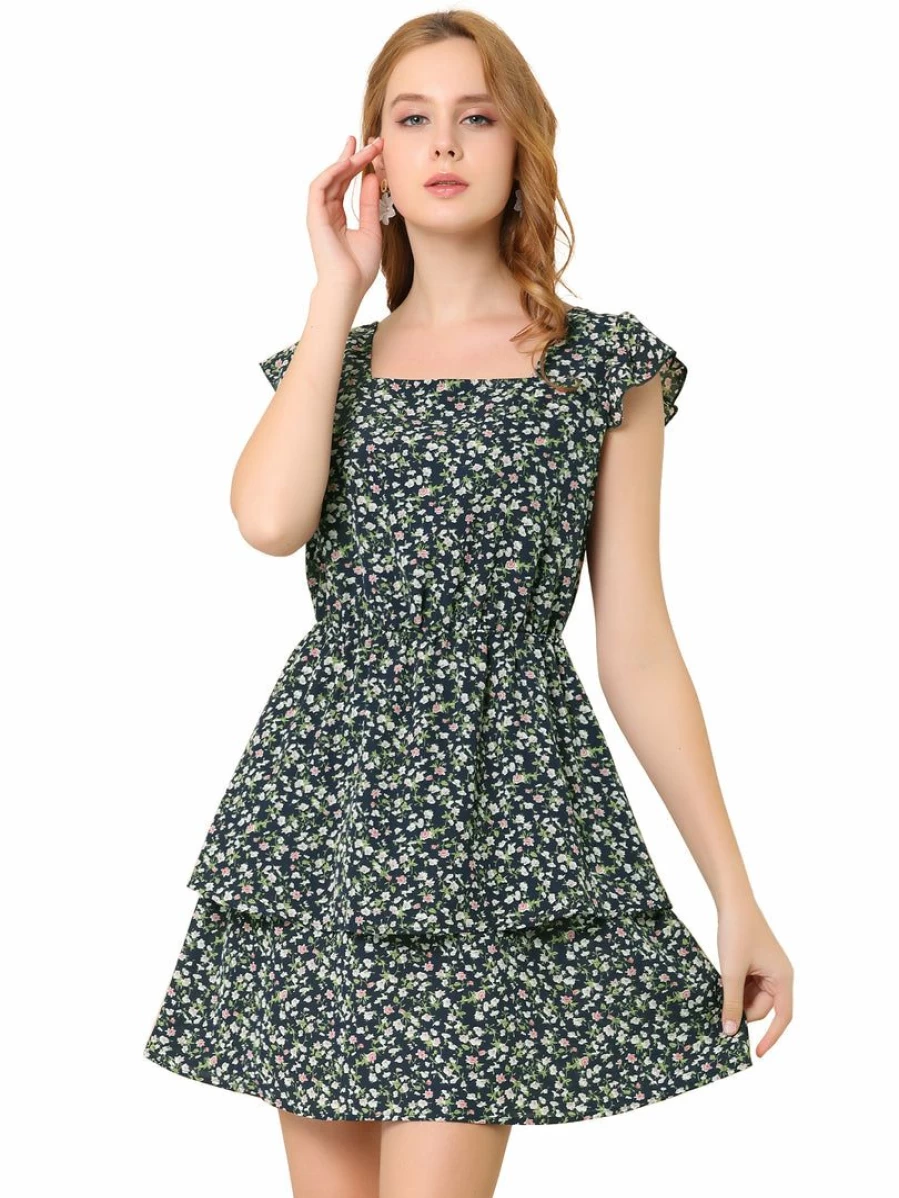 Black Floral Mini Dress for Women - Short Sleeve Square Neck Elastic Waist Layered Summer Dress