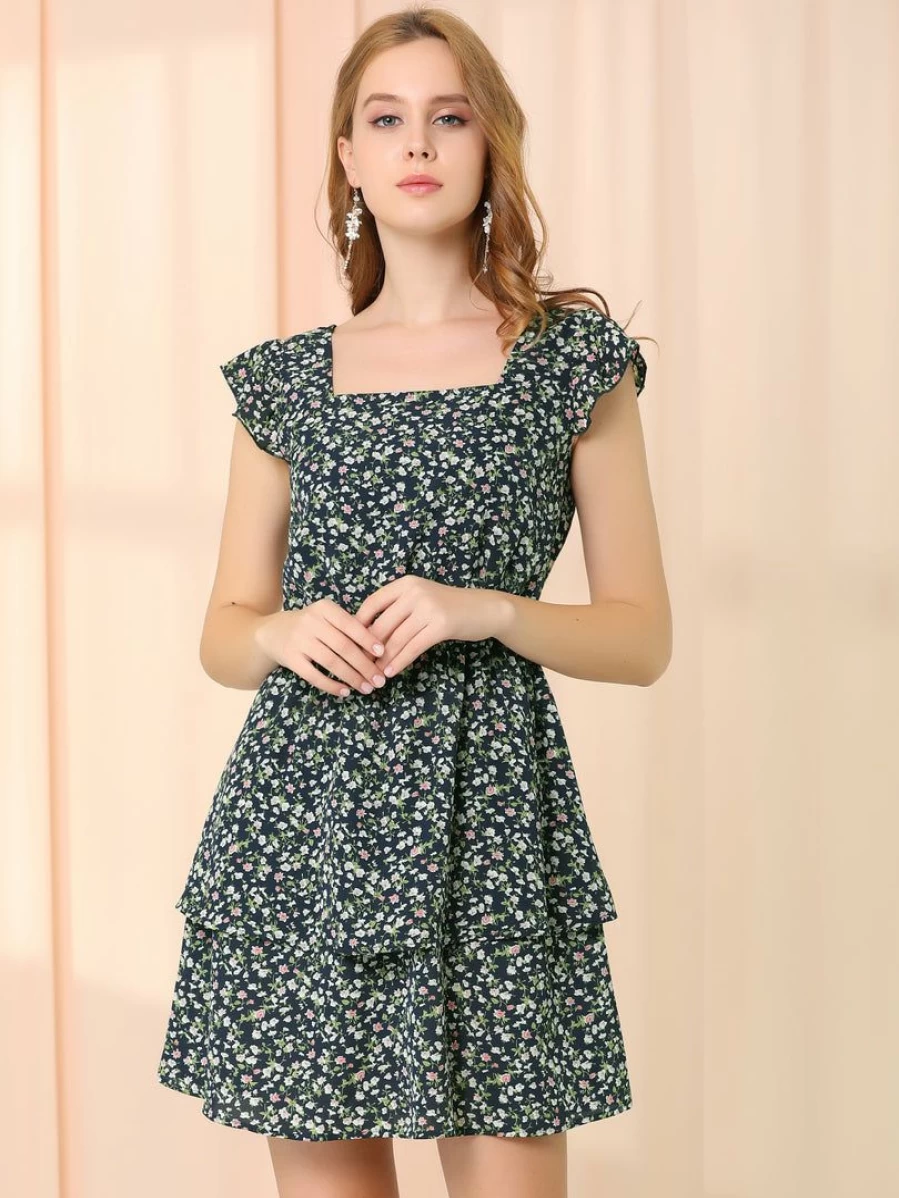 Black Floral Mini Dress for Women - Short Sleeve Square Neck Elastic Waist Layered Summer Dress