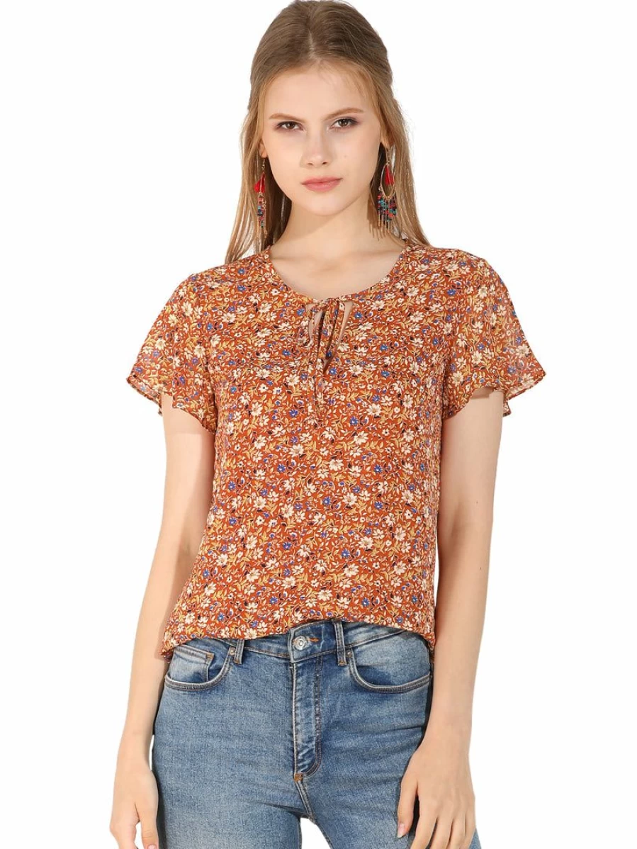 Allegra K Women's Red Brown Floral V-Neck Blouse with Short Sleeves and Ruffled Ditsy Top