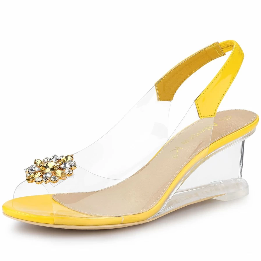 Women's Rhinestone Clear Wedge Heel Sandals - Sparkling Transparent Summer Dress Shoes