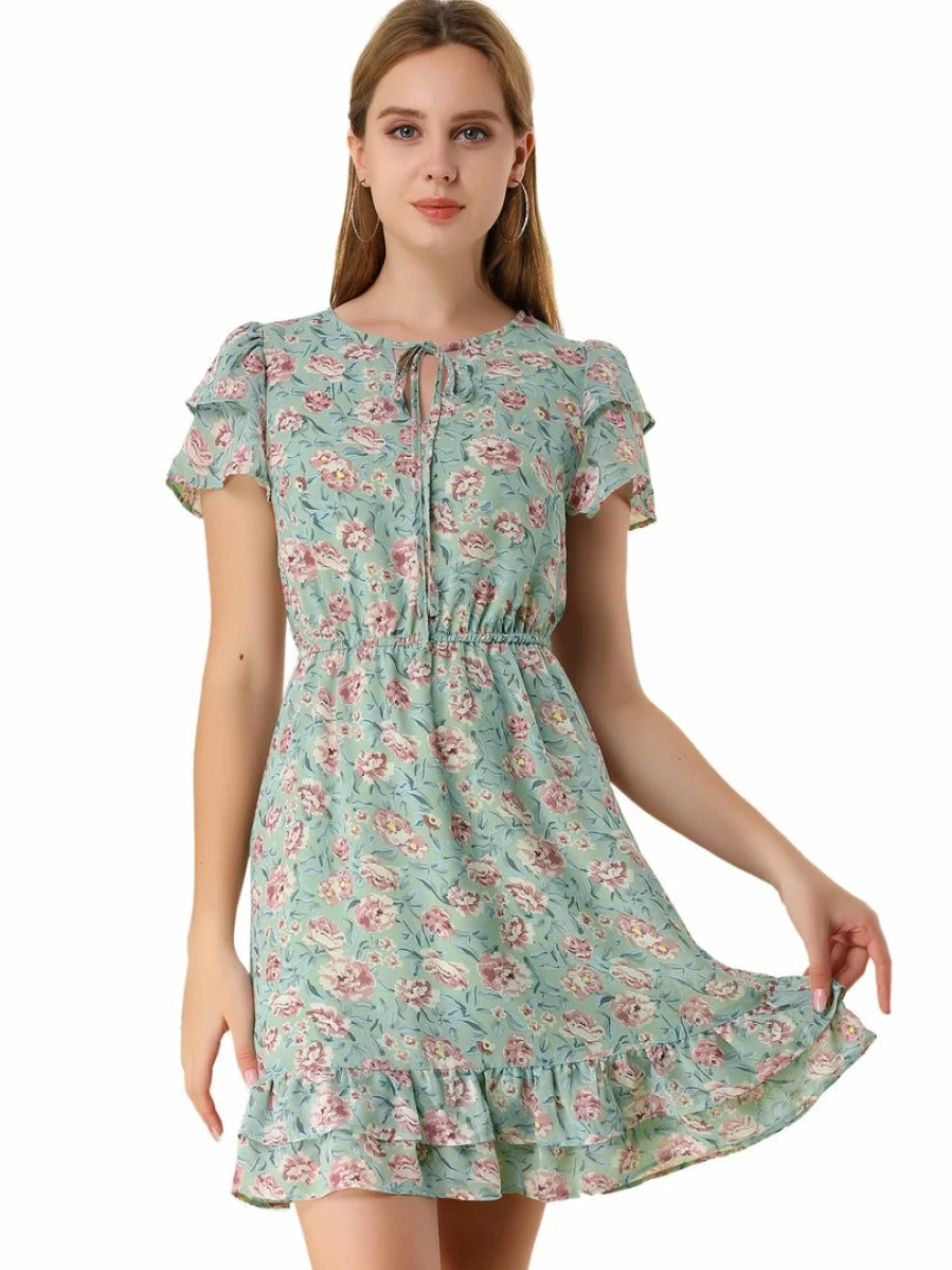 Allegra K Women's Black Floral Chiffon Dress with Ruffled Sleeves and Self-Tie V-Neck