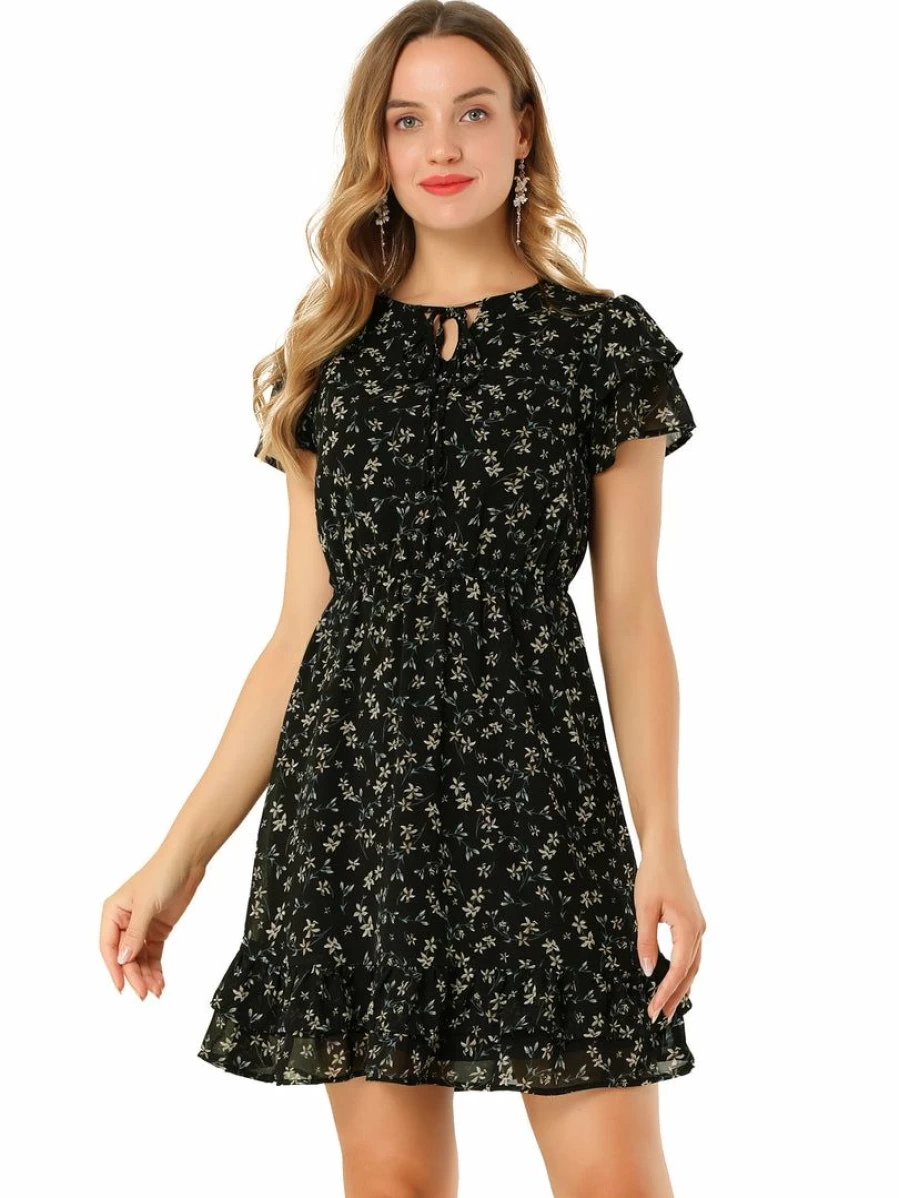 Allegra K Women's Black Floral Chiffon Dress with Ruffled Sleeves and Self-Tie V-Neck