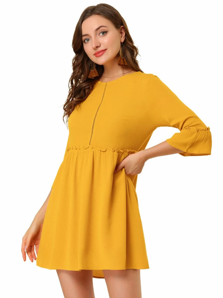 Allegra K Women's Yellow Casual Ruffle Dress with Keyhole Back and Long Sleeves