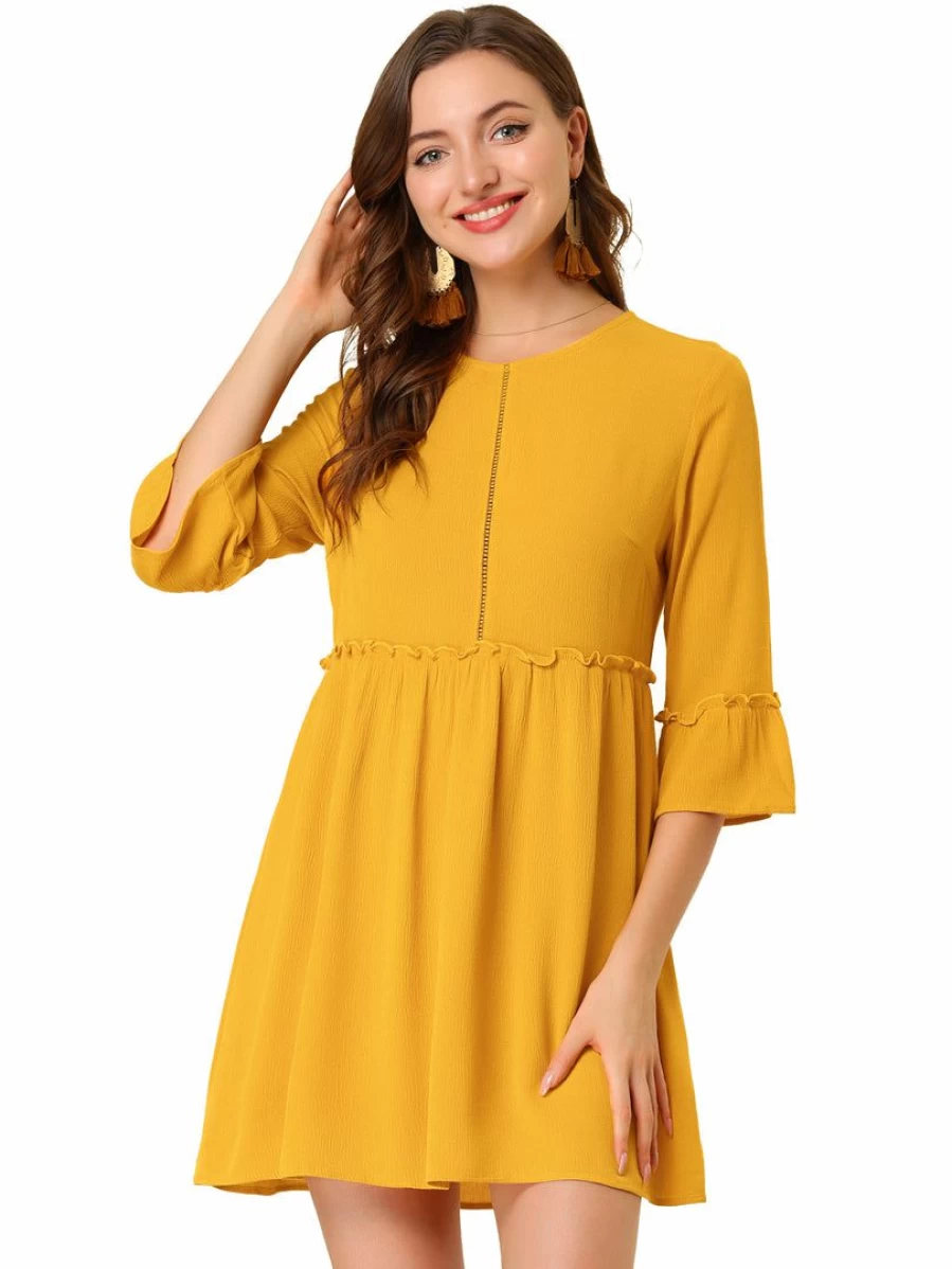 Allegra K Women's Yellow Casual Ruffle Dress with Keyhole Back and Long Sleeves