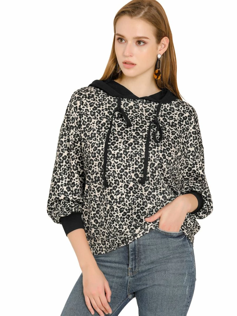 Allegra K Women's Khaki Animal Print Hoodie Long Sleeve Loose Pullover with Drawstring Casual Hooded Shirt