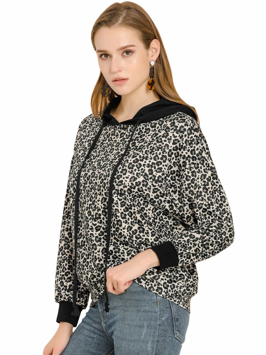 Allegra K Women's Khaki Animal Print Hoodie Long Sleeve Loose Pullover with Drawstring Casual Hooded Shirt