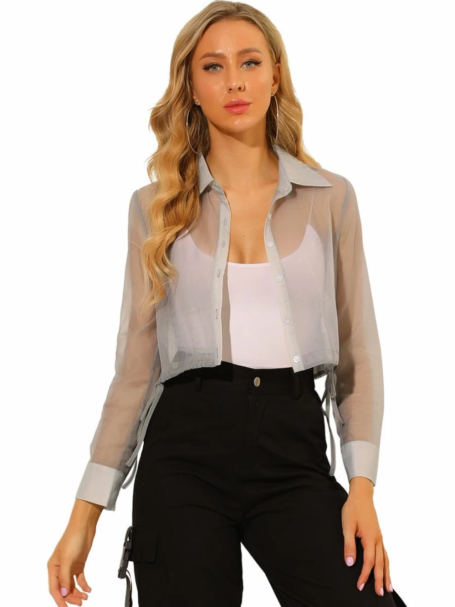 Allegra K Women's Gray Mesh Sheer Long Sleeve Blouse with Button Front, Tie Hem, and Point Collar Top