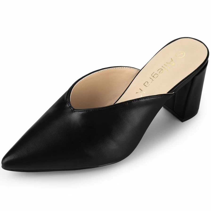 Allegra K Women's Chunky Heel Pointed Toe Mules Slides - Comfortable Slip-On Dress Shoes