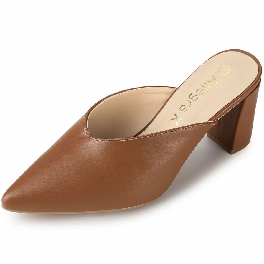 Allegra K Women's Chunky Heel Pointed Toe Mules Slides - Comfortable Slip-On Dress Shoes