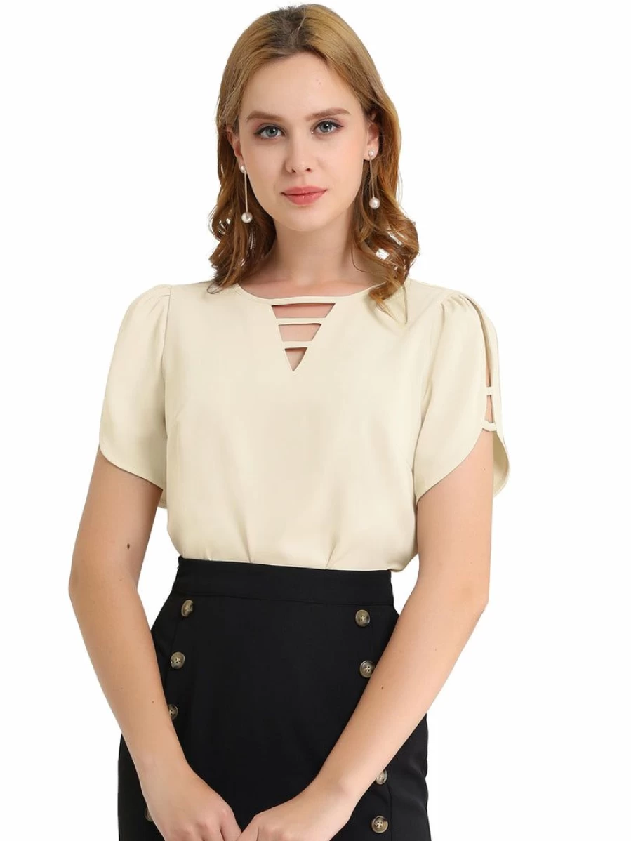 Women's V-Neck Split Neckline Casual Top with Slashed Cuffs - Choker Design