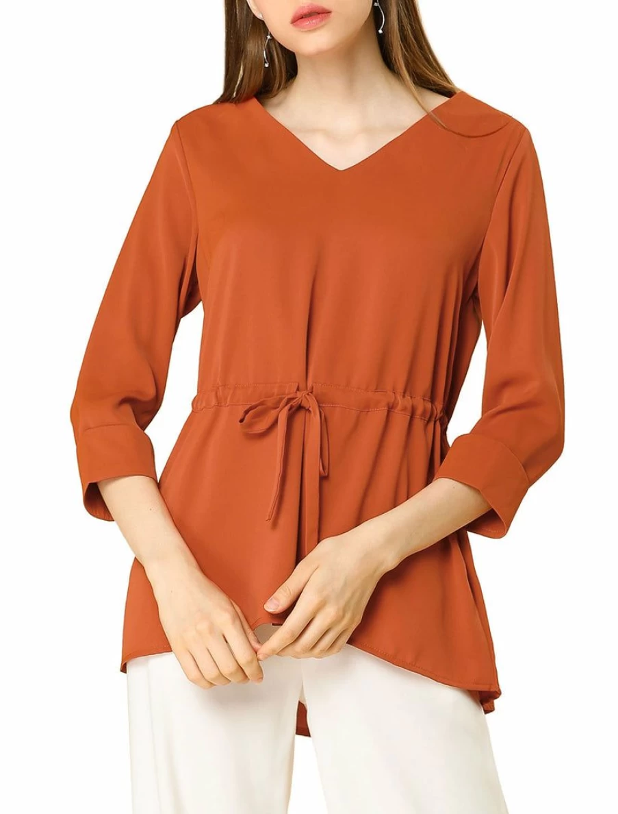 Orange V-Neck Peplum Blouse with 3/4 Sleeves and Drawstring Waist for Women