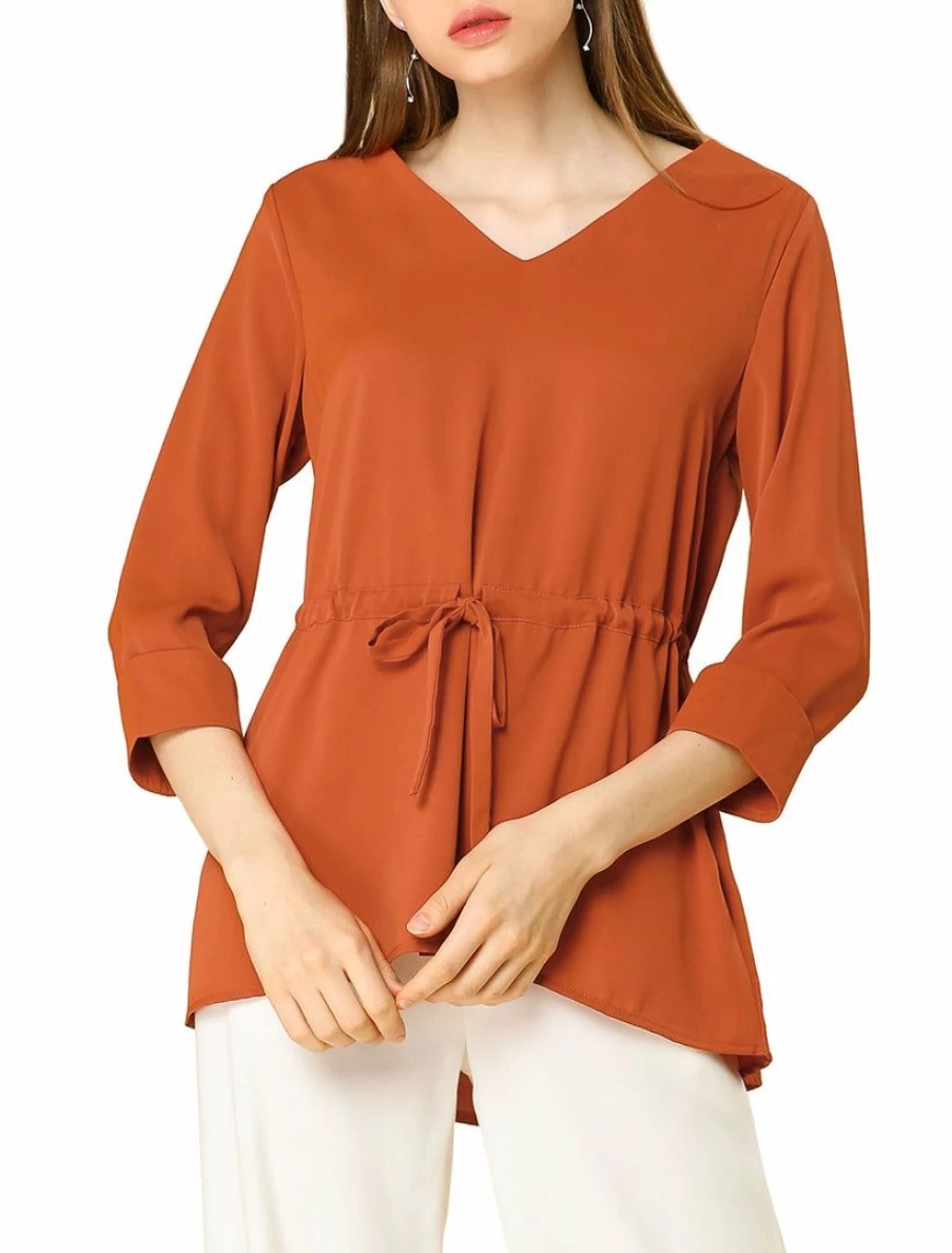 Orange V-Neck Peplum Blouse with 3/4 Sleeves and Drawstring Waist for Women