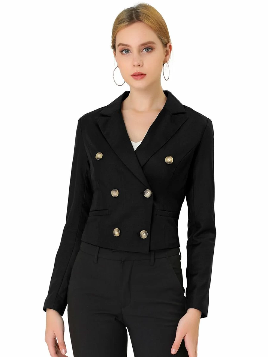 Black Cropped Blazer for Women - Double Breasted Notched Lapel with Shoulder Pads