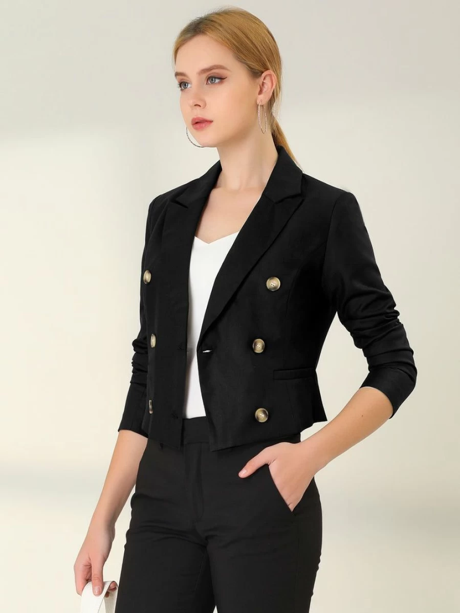 Black Cropped Blazer for Women - Double Breasted Notched Lapel with Shoulder Pads