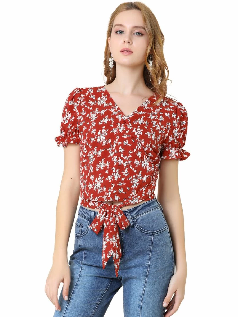 Red Floral Wrap Crop Top for Women - Ruffled Short Sleeve V-Neck Tie Waist Blouse