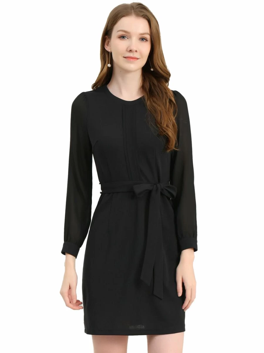 Allegra K Women's Black Elegant Sheer Panel Chiffon Long Sleeve Stretchy Knit Dress