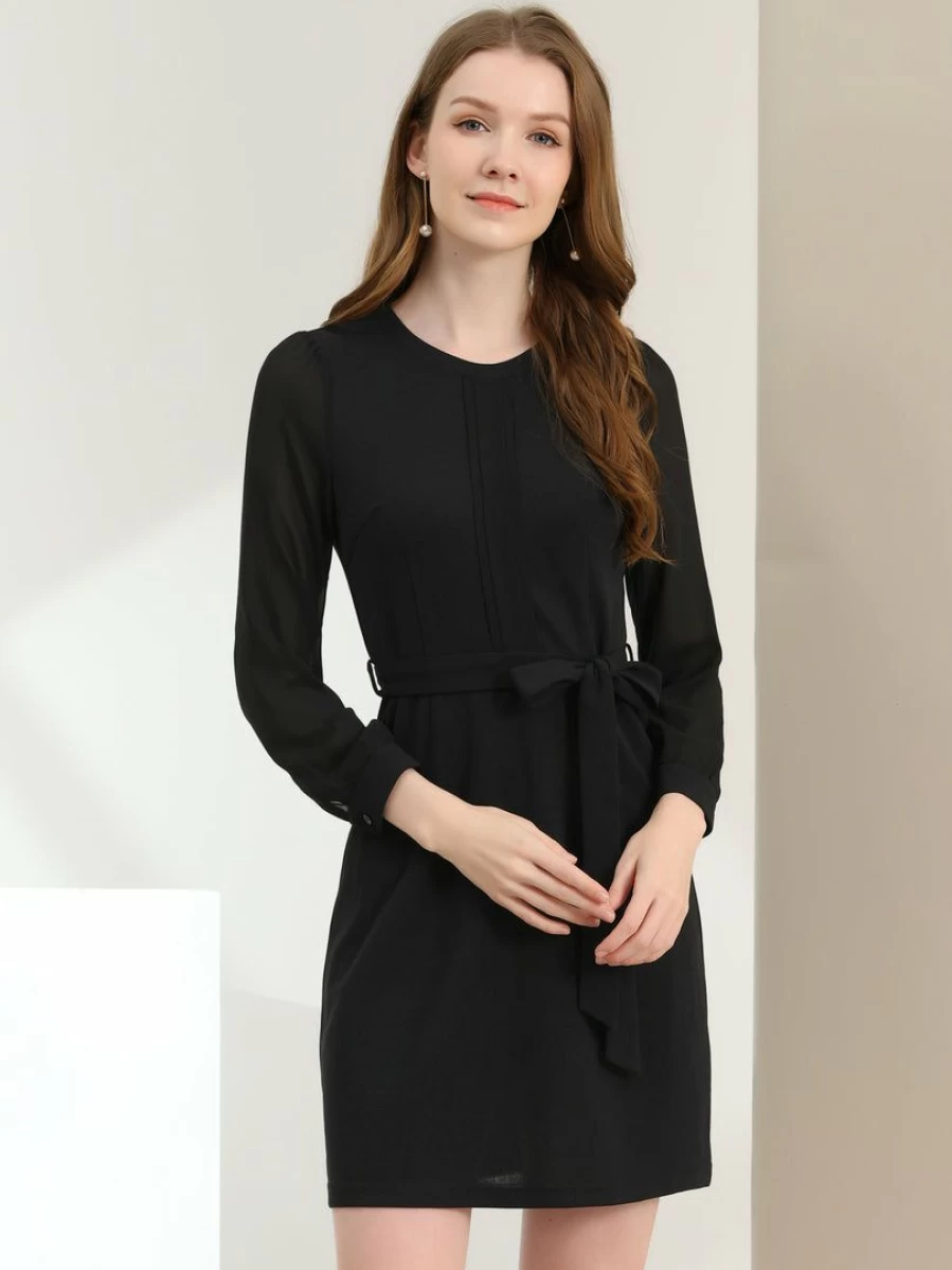 Allegra K Women's Black Elegant Sheer Panel Chiffon Long Sleeve Stretchy Knit Dress