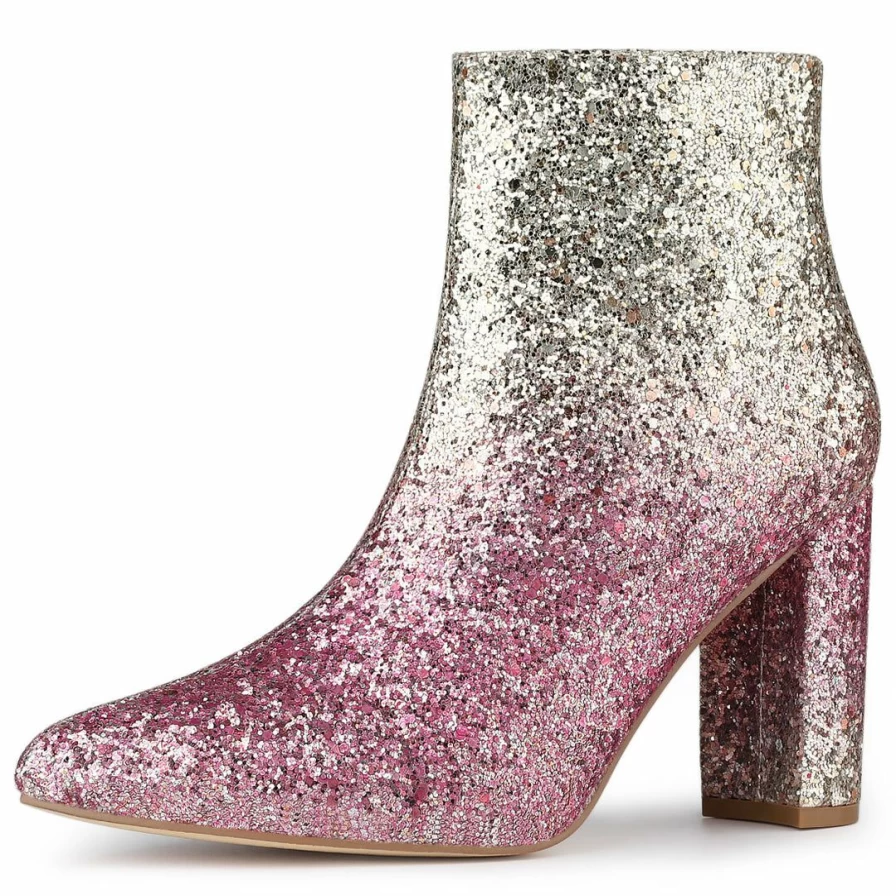 Women's Chunky Heel Ankle Boots Glitter Pointed Toe Party Shoes for Evening Wear