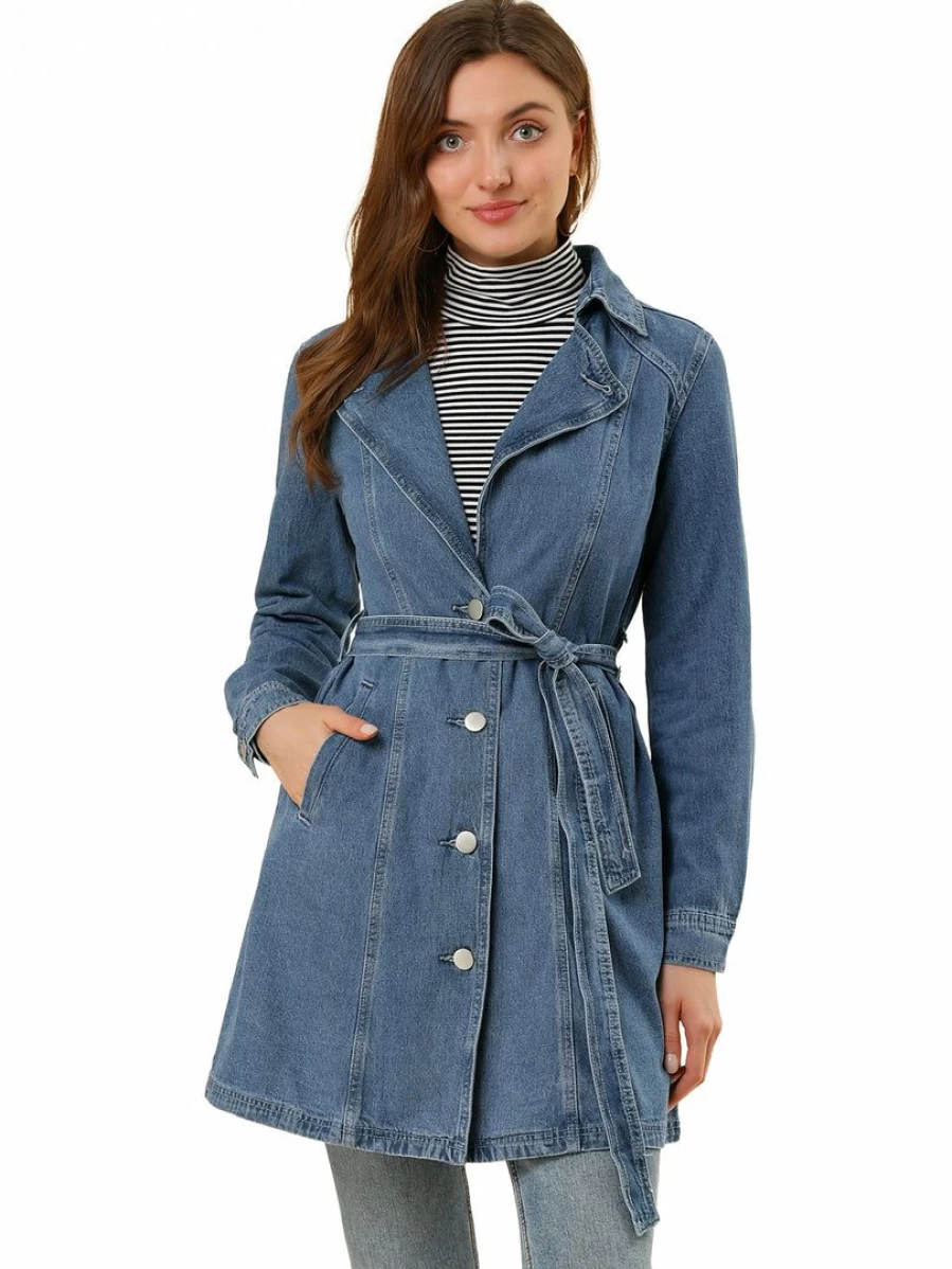 Women's Denim Trench Coat with Notched Lapel and Single Breasted Design