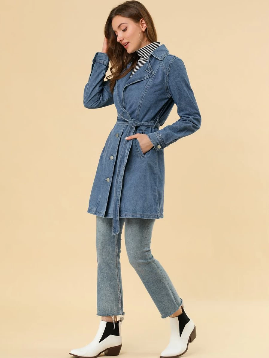 Women's Denim Trench Coat with Notched Lapel and Single Breasted Design