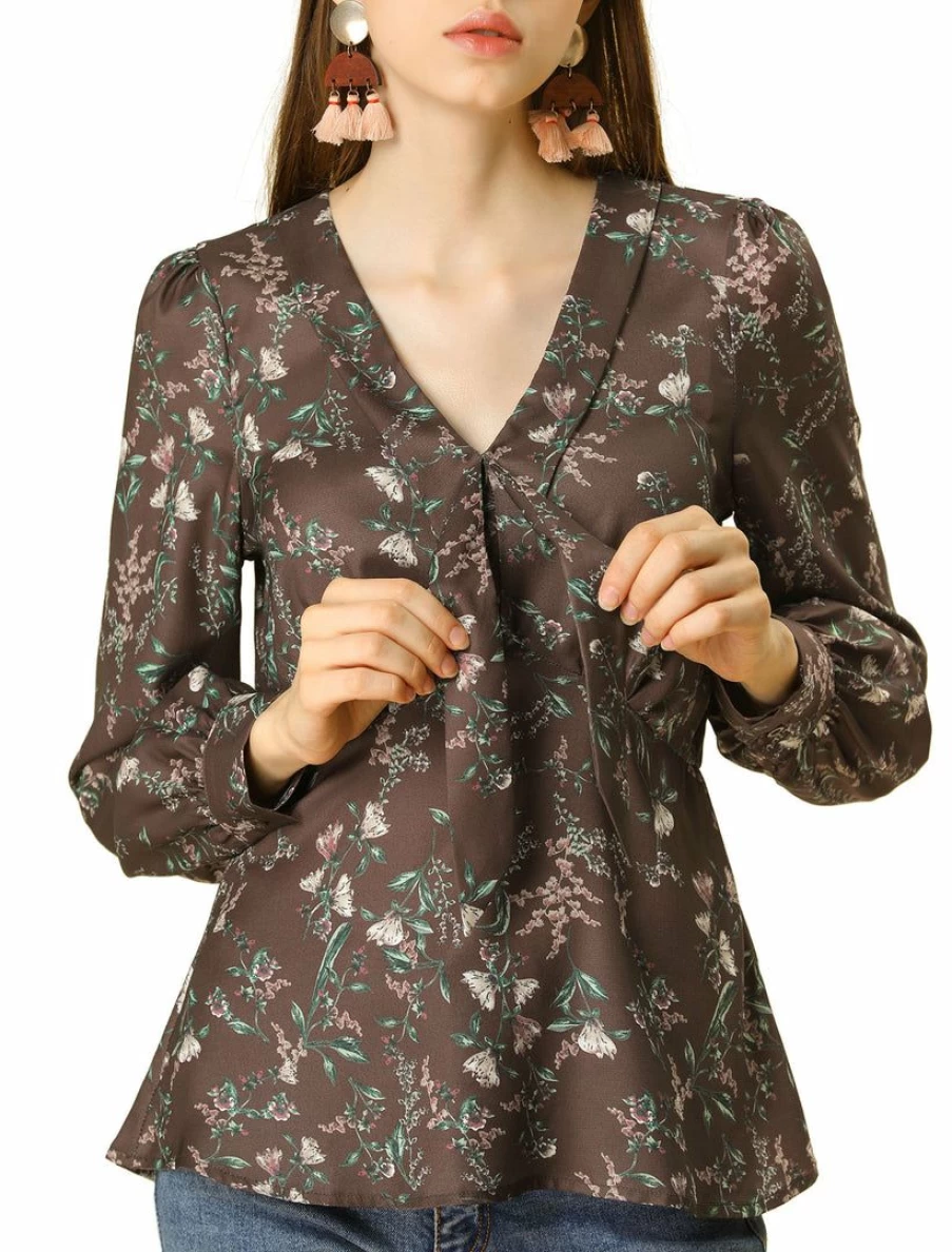 Allegra K Women's Brown Floral Peplum Top with Deep V Neck and Long Sleeves