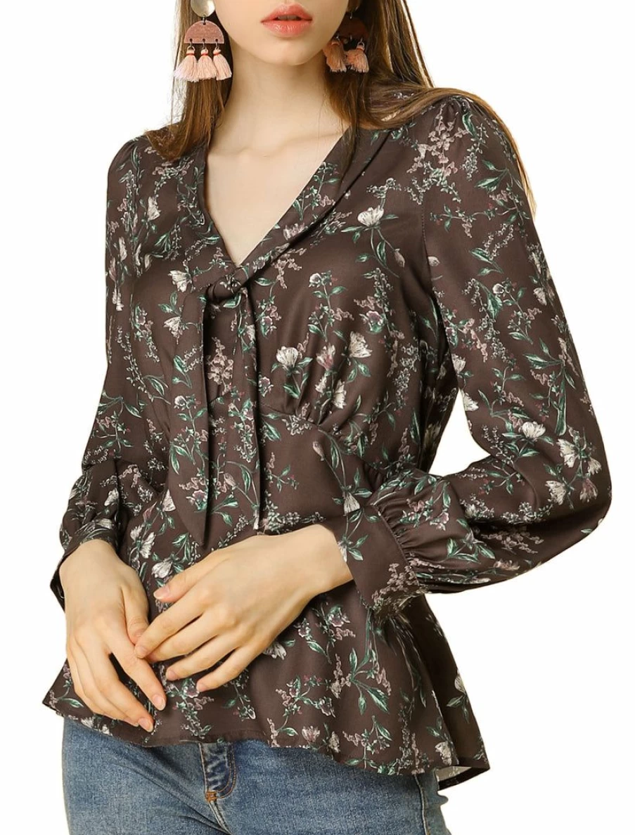 Allegra K Women's Brown Floral Peplum Top with Deep V Neck and Long Sleeves
