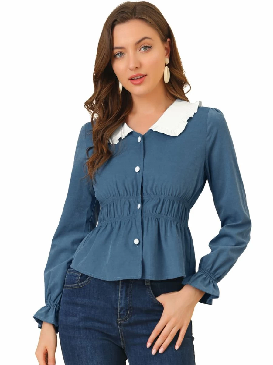 Women's Ocean Blue Peter Pan Collar Ruffled Blouse with Smocked Waist