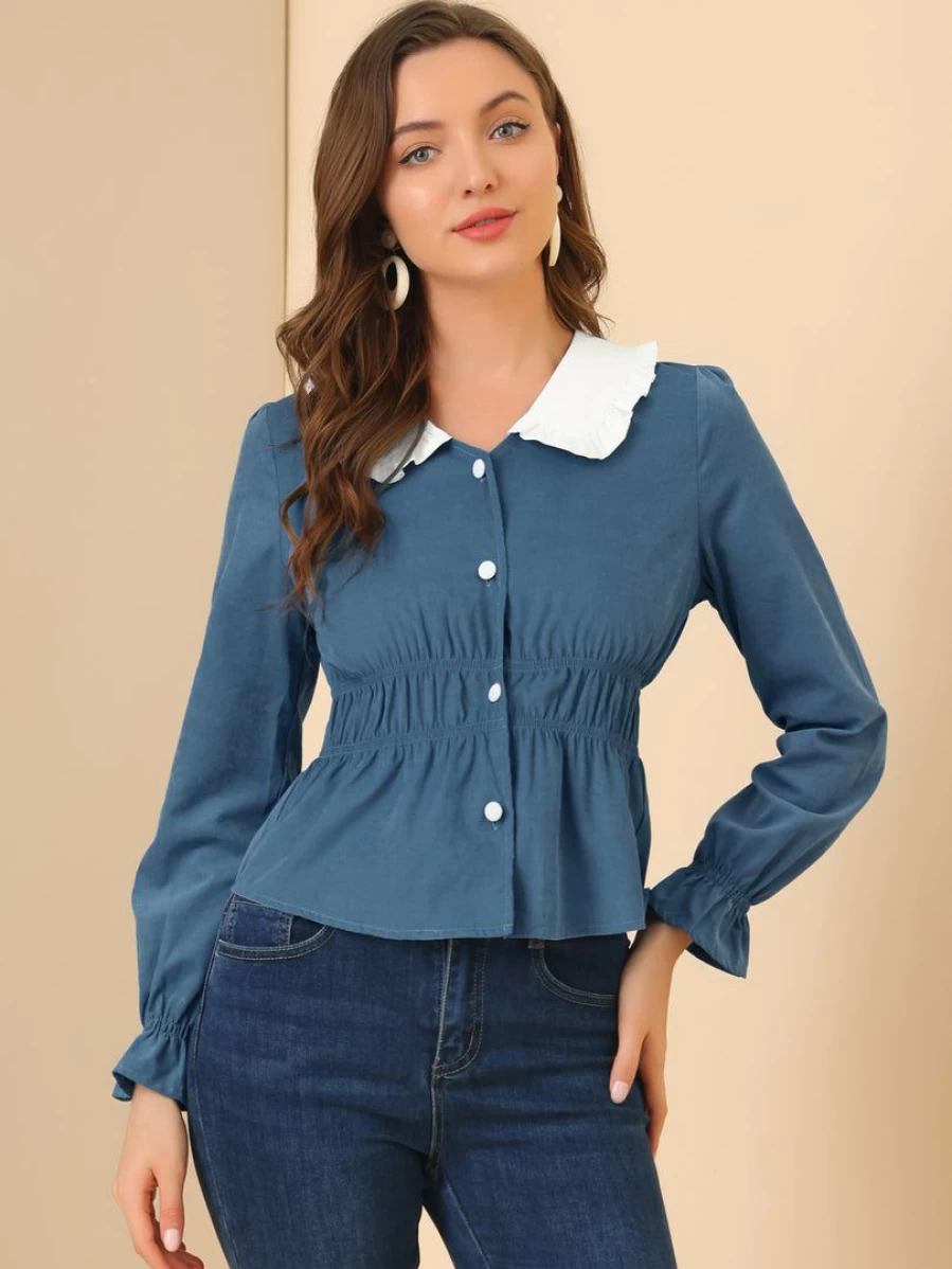 Women's Ocean Blue Peter Pan Collar Ruffled Blouse with Smocked Waist