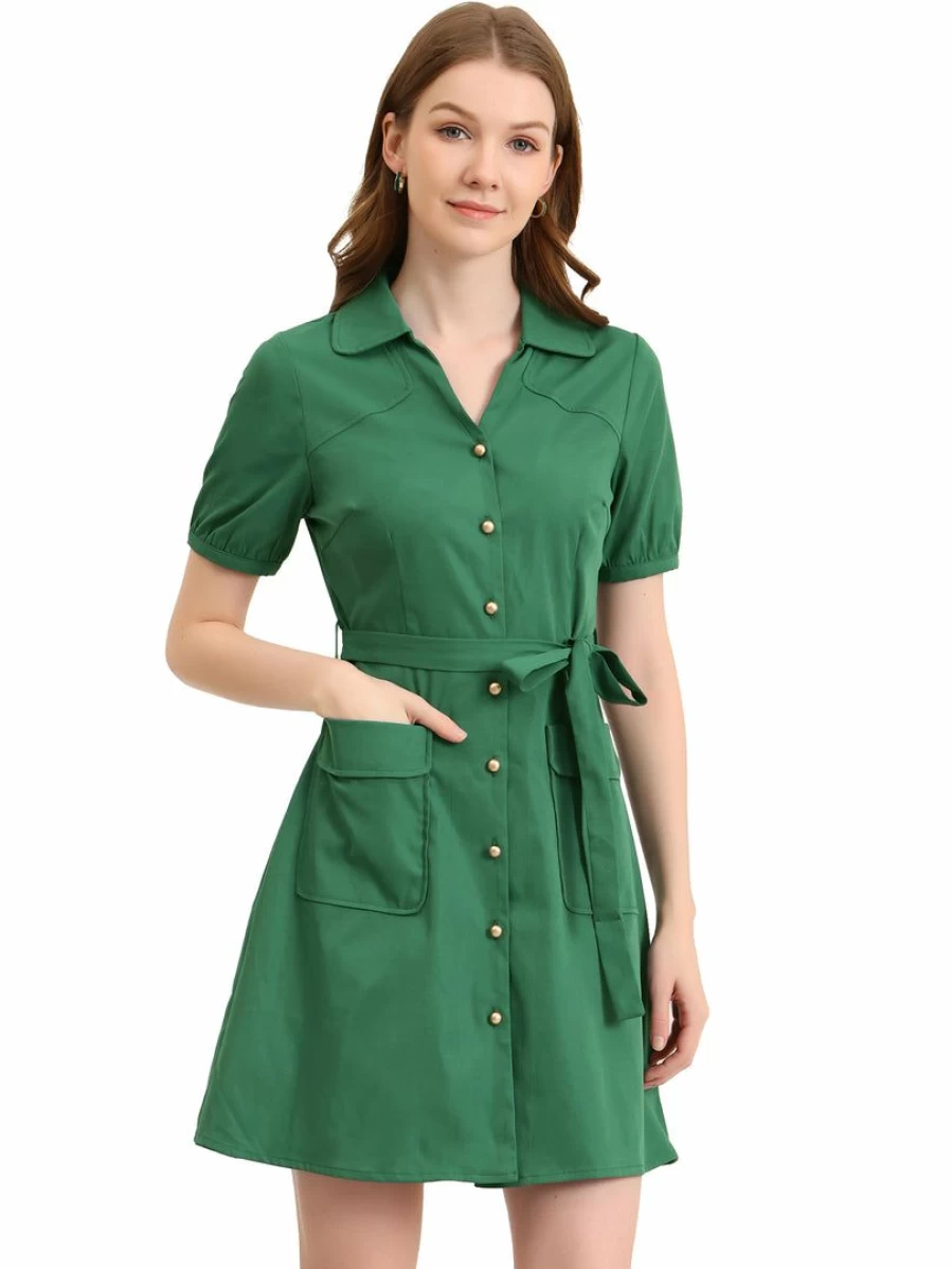 Vintage Green Short Sleeve Shirt Dress with Lapel Puff and Belted Waist