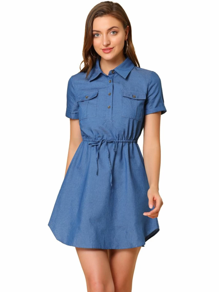 Blue Women's Button-Down Shirt Dress with Point Collar, Chest Pocket & Drawstring Tie Waist