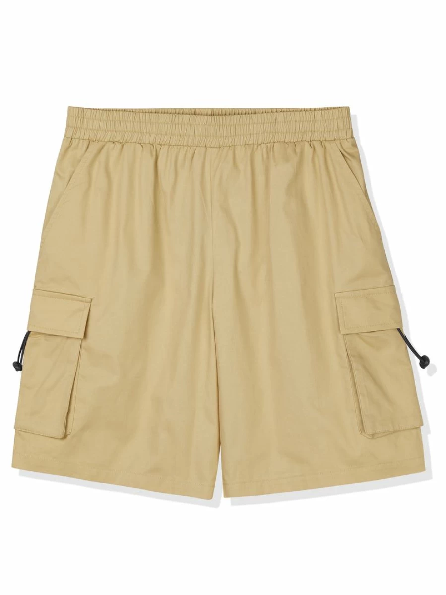 Men's Khaki Cotton Cargo Shorts with Elastic Waist for Summer - Classic Fit