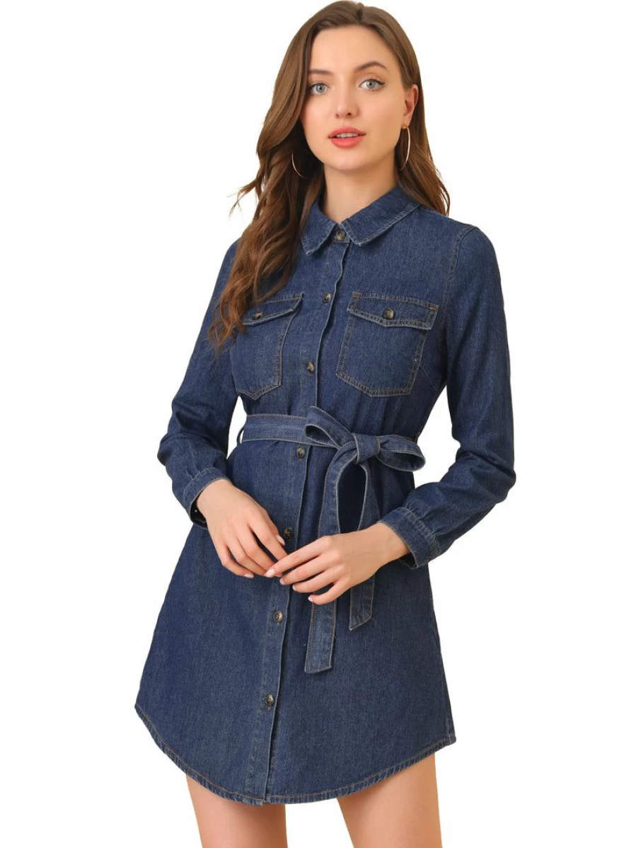 Blue Denim Shirt Dress for Women with Belt and Long Sleeves - Button Front Style