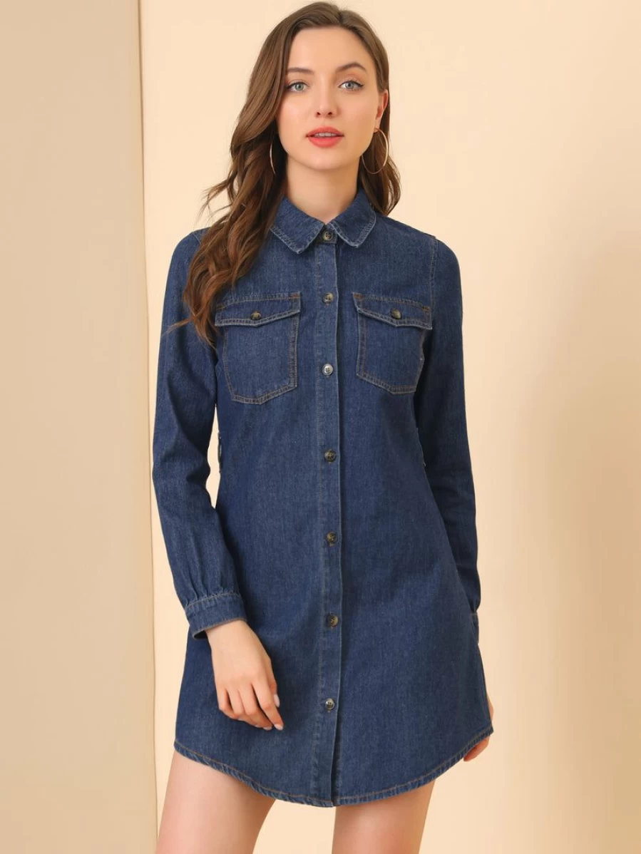 Blue Denim Shirt Dress for Women with Belt and Long Sleeves - Button Front Style