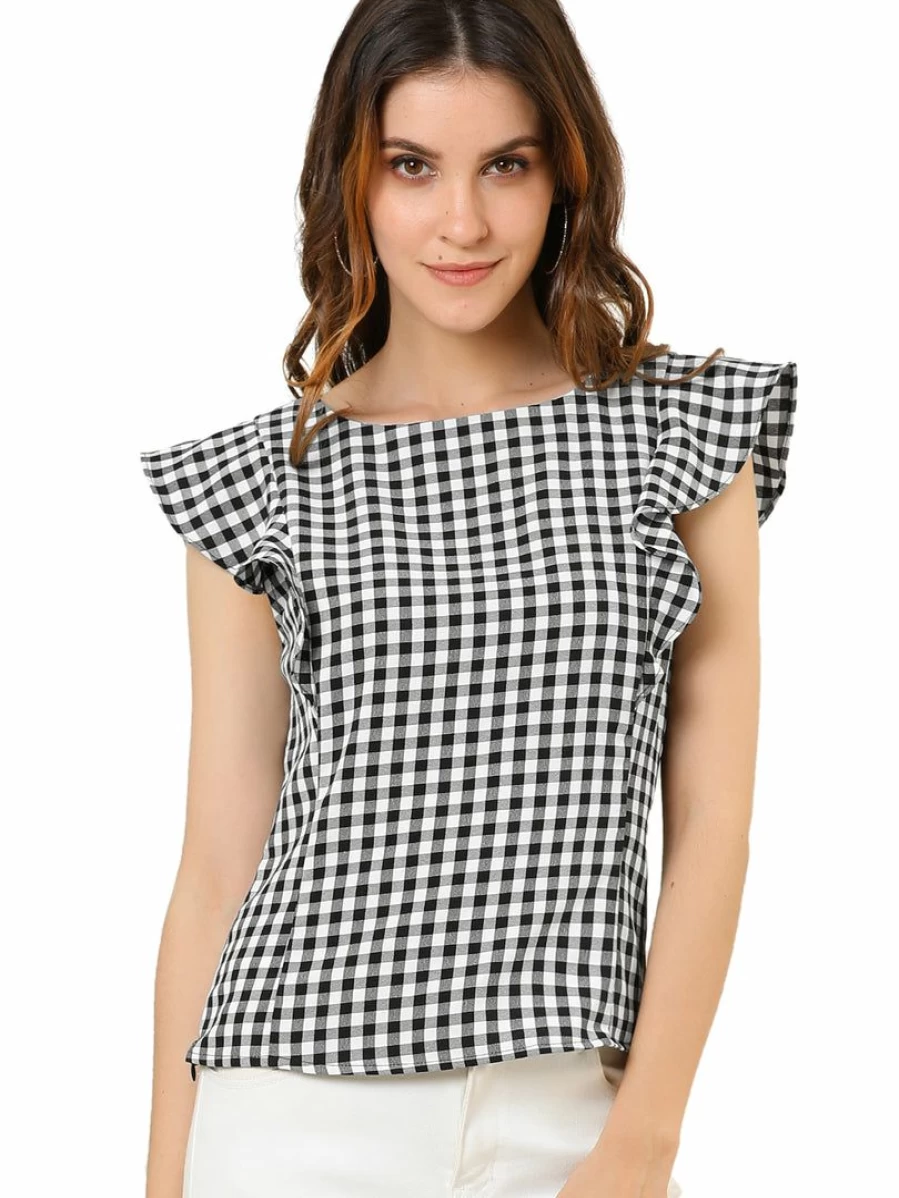 Black & White Plaid Flutter Sleeve Boat Neck Blouse for Women - Office & Work Ruffle Shirt
